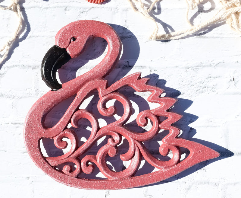 Tropical Paradise Pink Flamingo Bird Scrollwork Cast Iron Wall Or Table Trivet