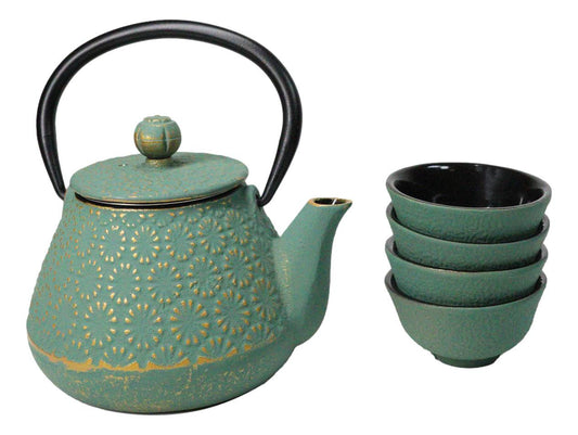 Chrysanthemum Green Gold Petite Cast Iron Teapot 10oz With 4 Mini Tea Cups Set