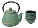 Chrysanthemum Green Gold Petite Cast Iron Teapot 10oz With 4 Mini Tea Cups Set