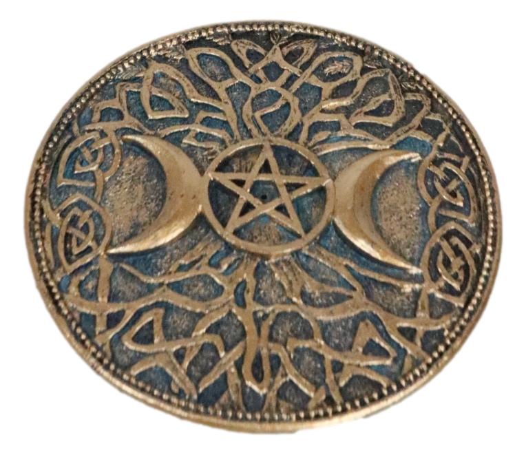 Wicca Sacred Knotwork Triple Moon Pentagram Round Incense Holder Burner