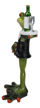 Green Toad Frog Silver Service Butler With Wine Glass And Bottle Figurine 7"H