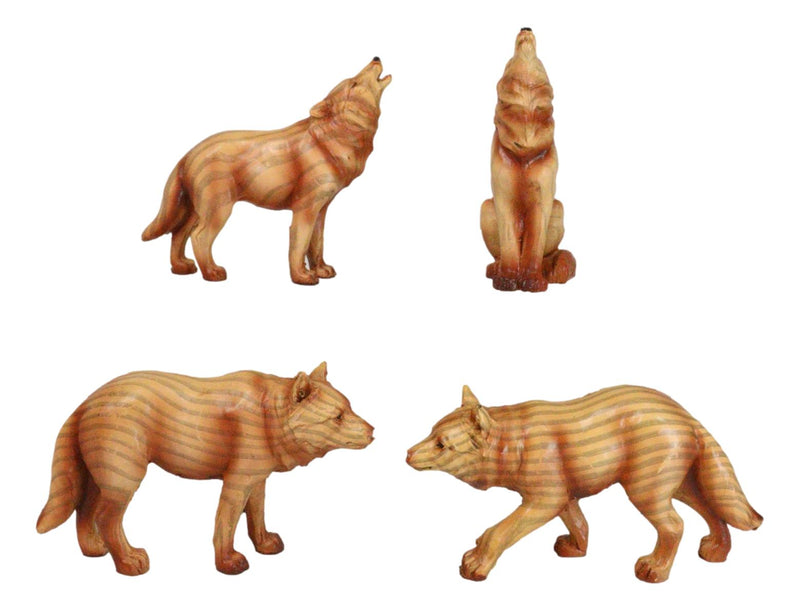 Pack of 4 Full Moon Howling Scouting Pose Alpha Gray Wolf Faux Wood Figurines