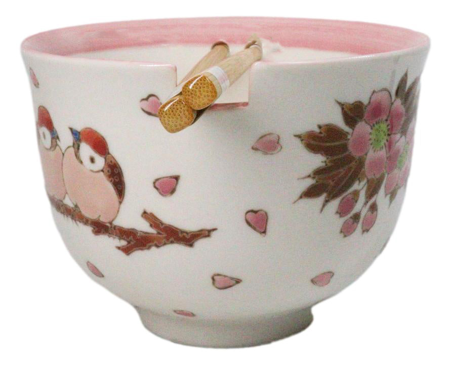Twin Sparrows Cherry Blossom Ceramic Donburi Ramen Bowl With Chopsticks Set
