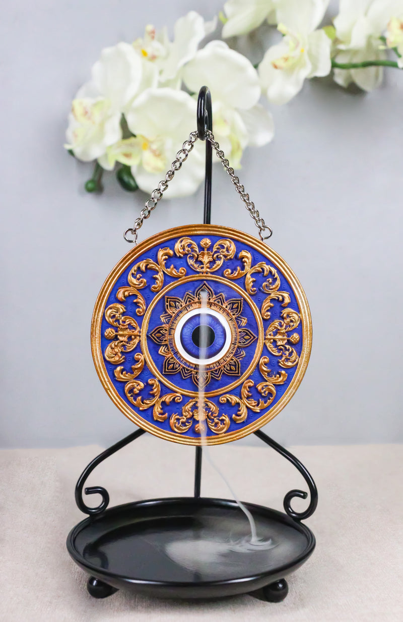 Evil Eye with Mandala Floral Scroll Round Medallion Backflow Incense Cone Burner