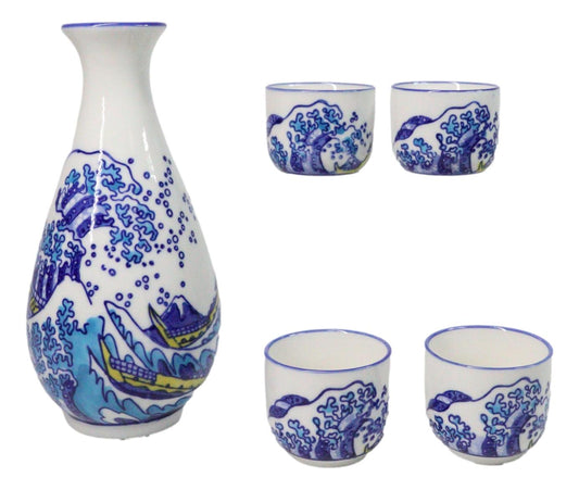 Great Wave Kanagawa Hokusai Porcelain Sake Flask And 4 Ochoko Cups Set