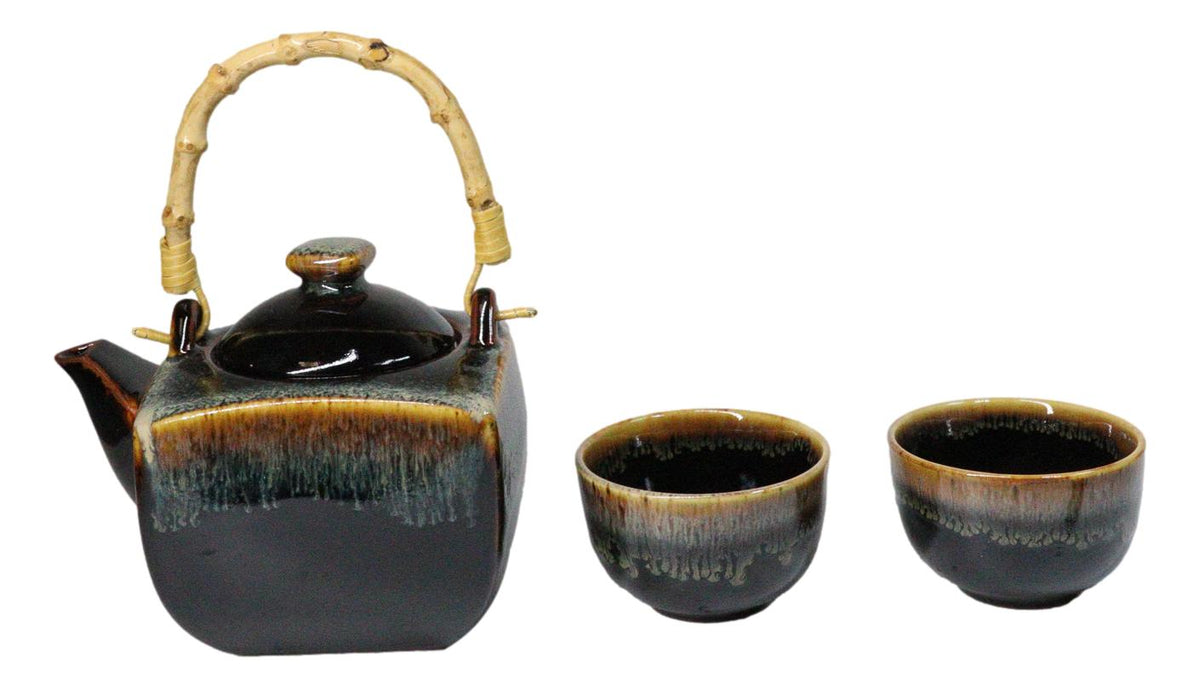 Artistic Black & Brown Waterfall Reactive Glaze 32oz Teapot With 2 Tea Cups Set