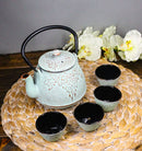Mint Green Leaves Floral Motif Tetsubin 27oz Cast Iron Tea Pot With 4 Cups Set