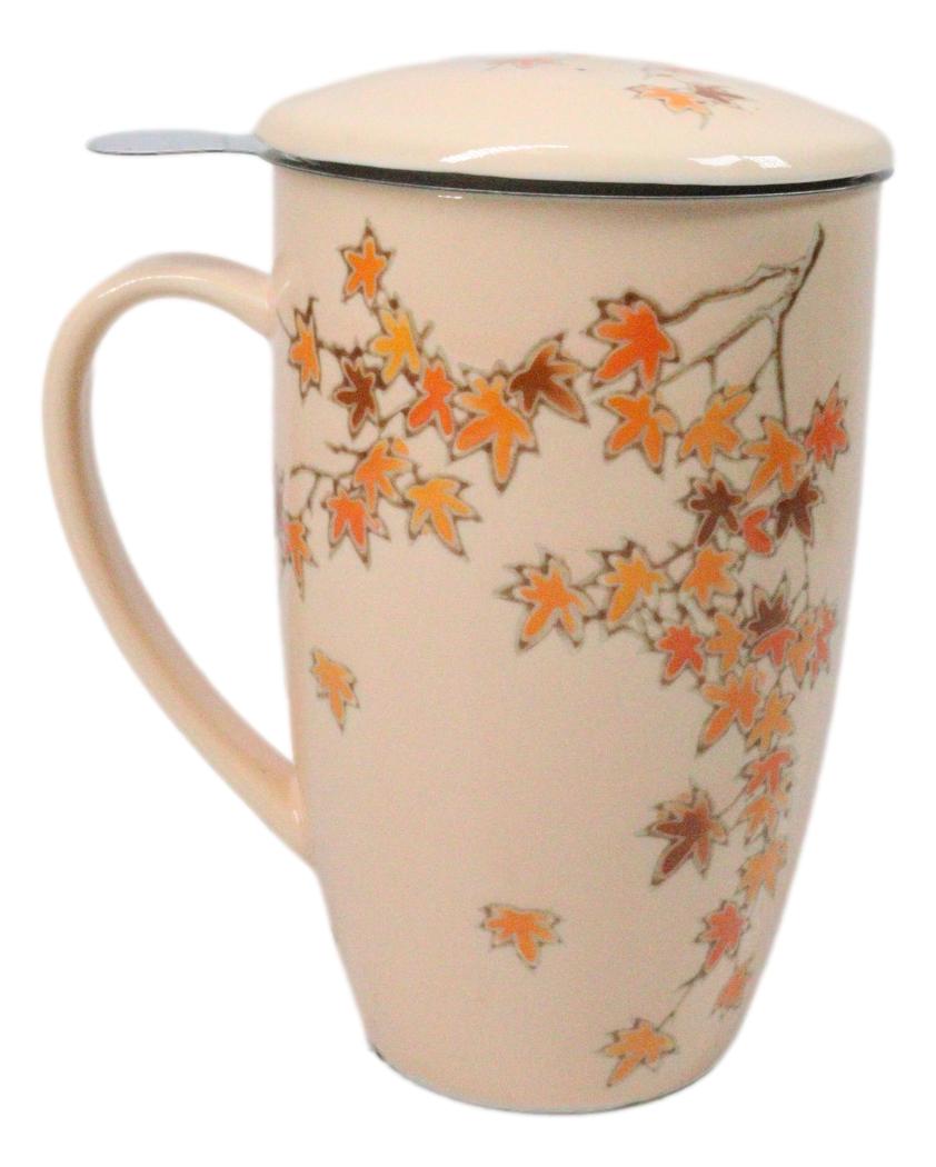 Momiji Maple Leaves 15oz Porcelain Tea Mug With Lid Stainless Steel Infuser