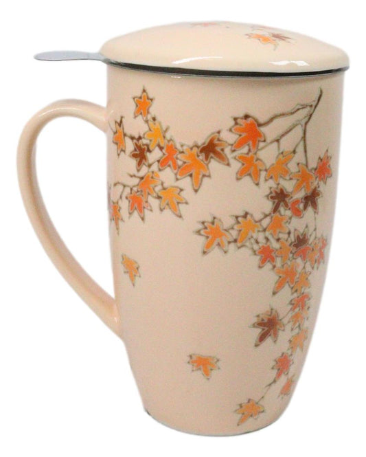 Momiji Maple Leaves 15oz Porcelain Tea Mug With Lid Stainless Steel Infuser