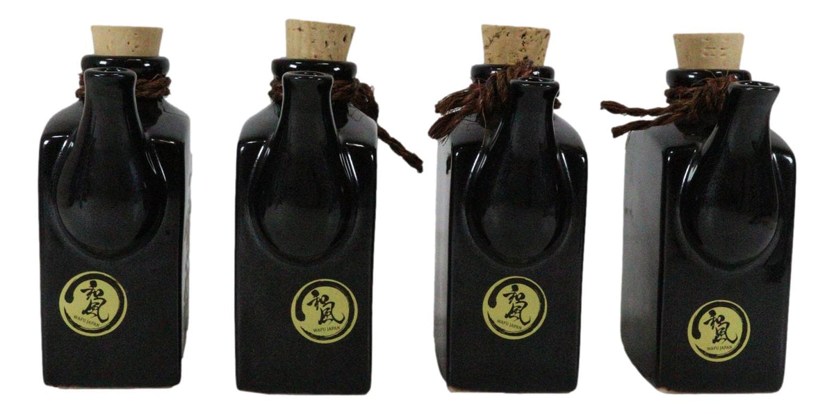 Set Of 4 Black Traditional Japan Soy Sauce Dispenser Flask 9oz Calligraphy - Ebros Gift