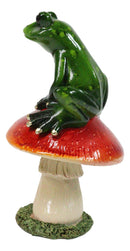 Rainforest Wildlife Green Pond Frog Sitting On Toadstool Mushroom Figurine