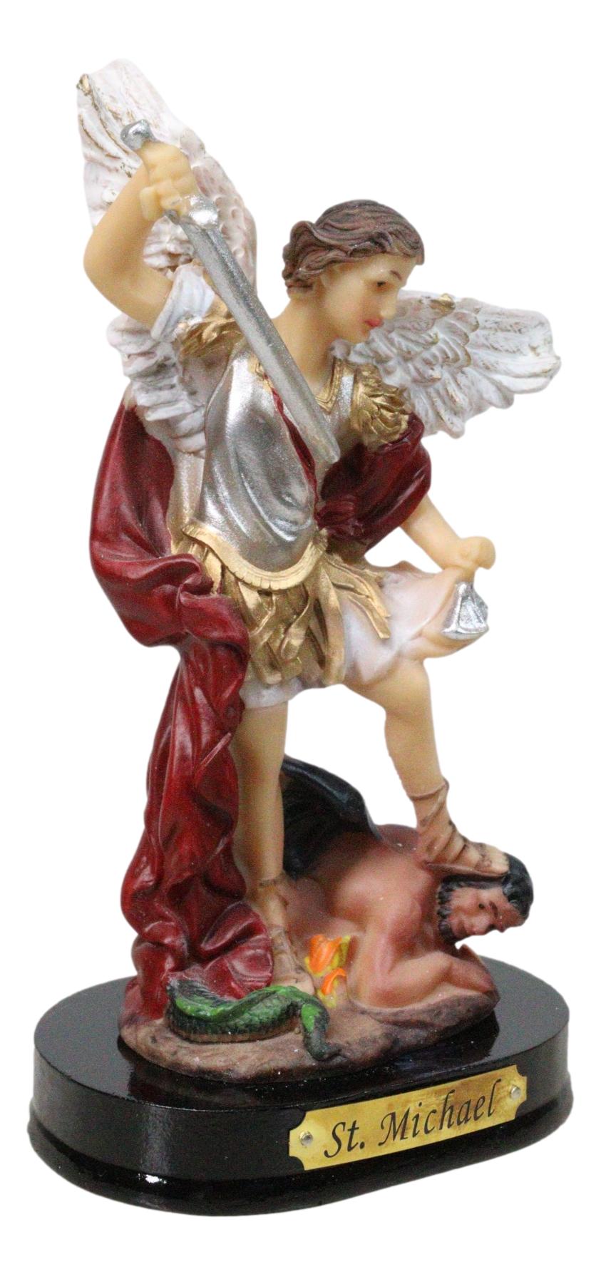 Archangel Saint Michael Wielding Sword Crushing Satan Figurine With Name Base - Ebros Gift