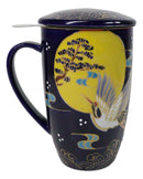 Blue Moon Japanese Crane 15oz Porcelain Tea Mug With Lid Stainless Steel Infuser