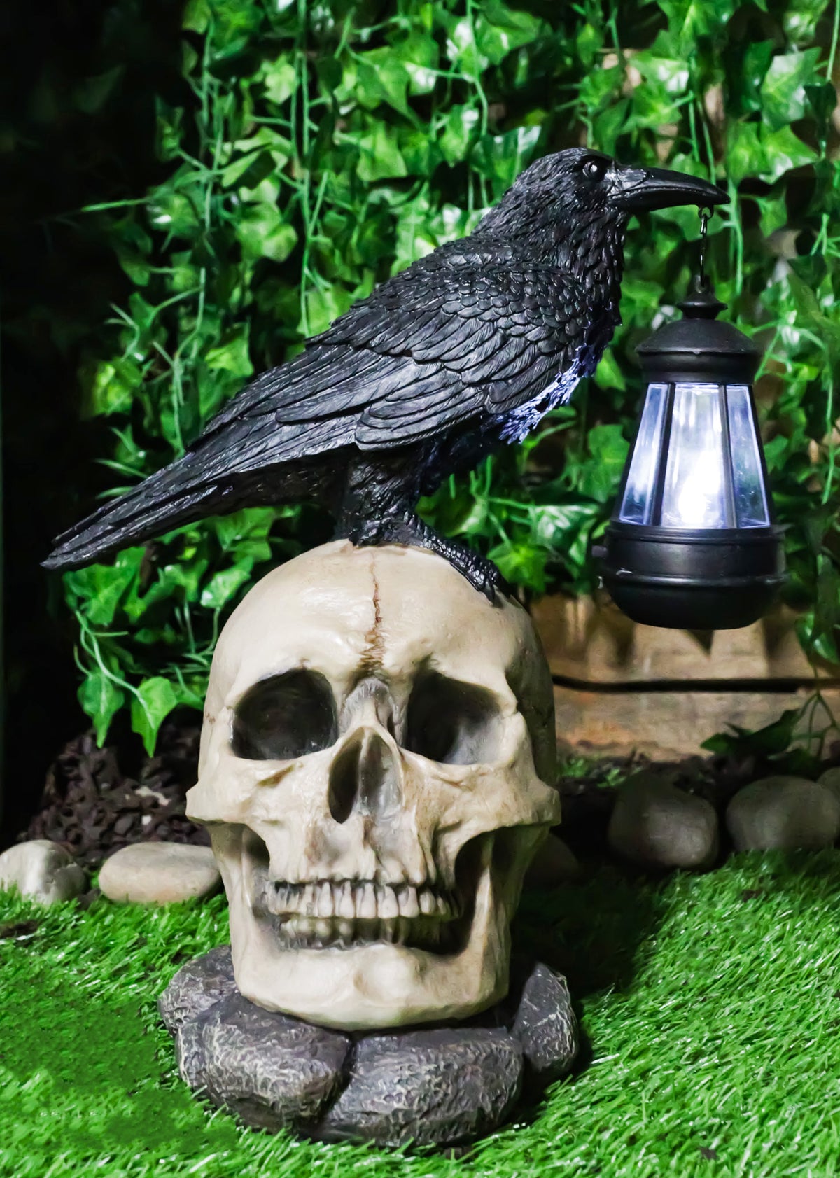 Ebros Edgar Corvus Raven Perching On Rose Skull Statue With Solar LED Lantern Light - Ebros Gift