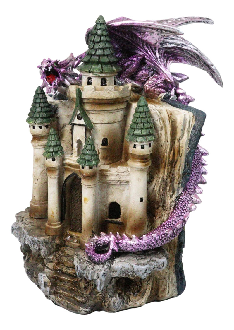 Purple Dragon Guarding LED Medieval Castle On Rocks With Book of Spells Figurine