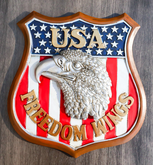USA Freedom Wings Silver Bald Eagle In Vintage Route 66 Shape Decor Wall Plaque