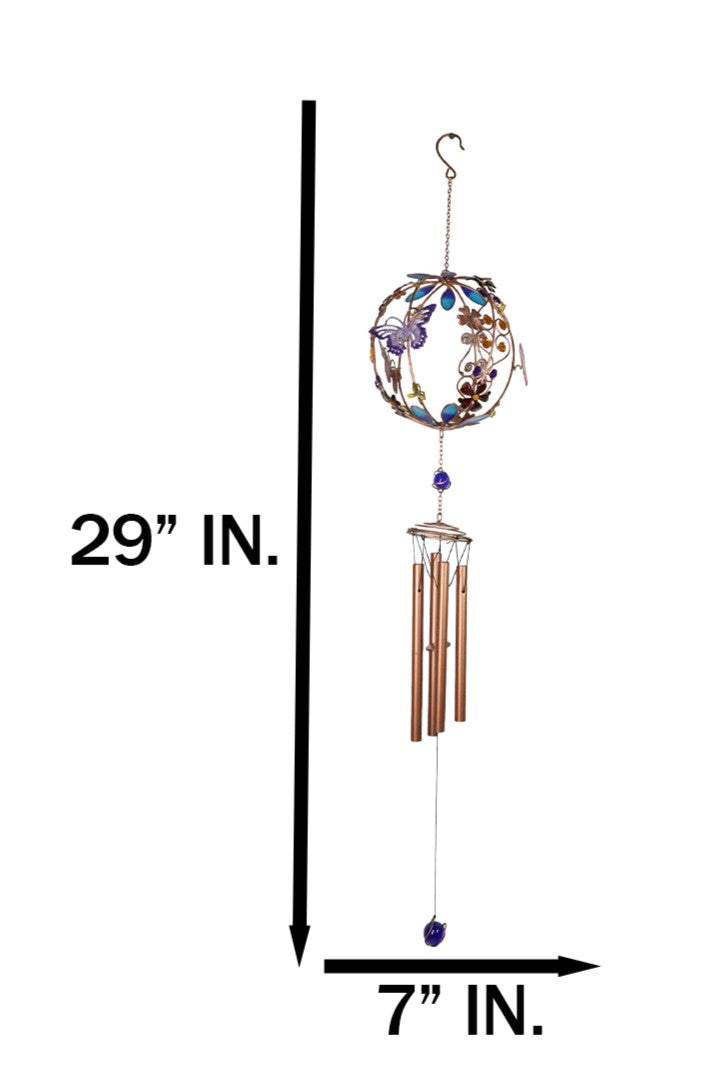 Monarch Butterflies by Floral Garden Globe Art Glass Gemstones Metal Wind Chime