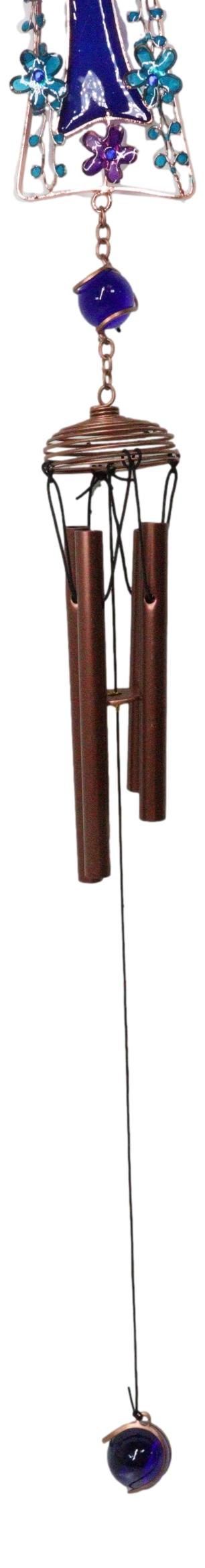 Blue Floral Aquamarine Cross With Gemstones Metal Scroll Filigree Wind Chime