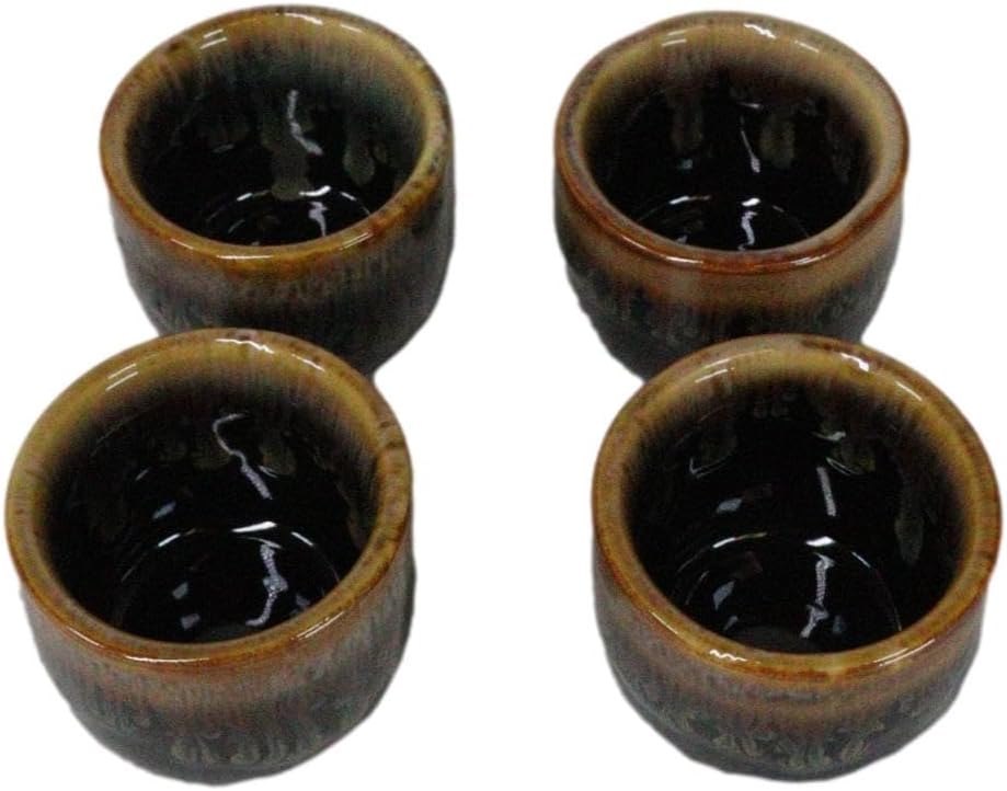 Glazed Ceramic Brown White Waterfall Japanese Sake Tokkuri Flask And 4 Cups Set