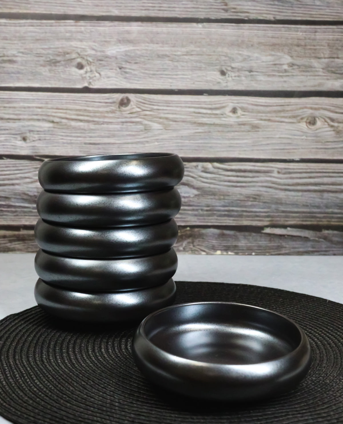Pack of 6 Black Tetsu Kesho Round Appetizer Salad Banchan Deep Dish Plates 5"D