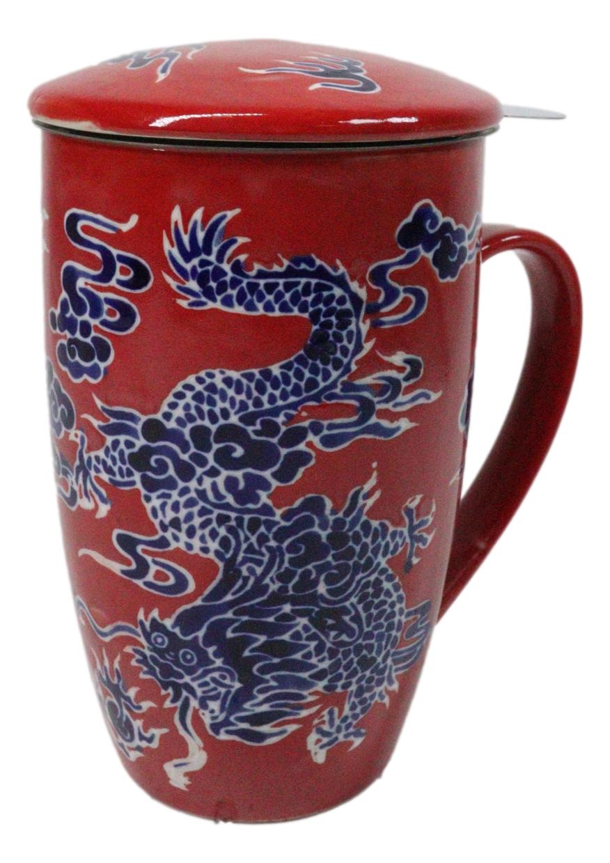 Red Oriental Dragon King 15oz Porcelain Tea Mug With Lid Stainless Steel Infuser