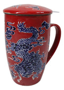 Red Oriental Dragon King 15oz Porcelain Tea Mug With Lid Stainless Steel Infuser