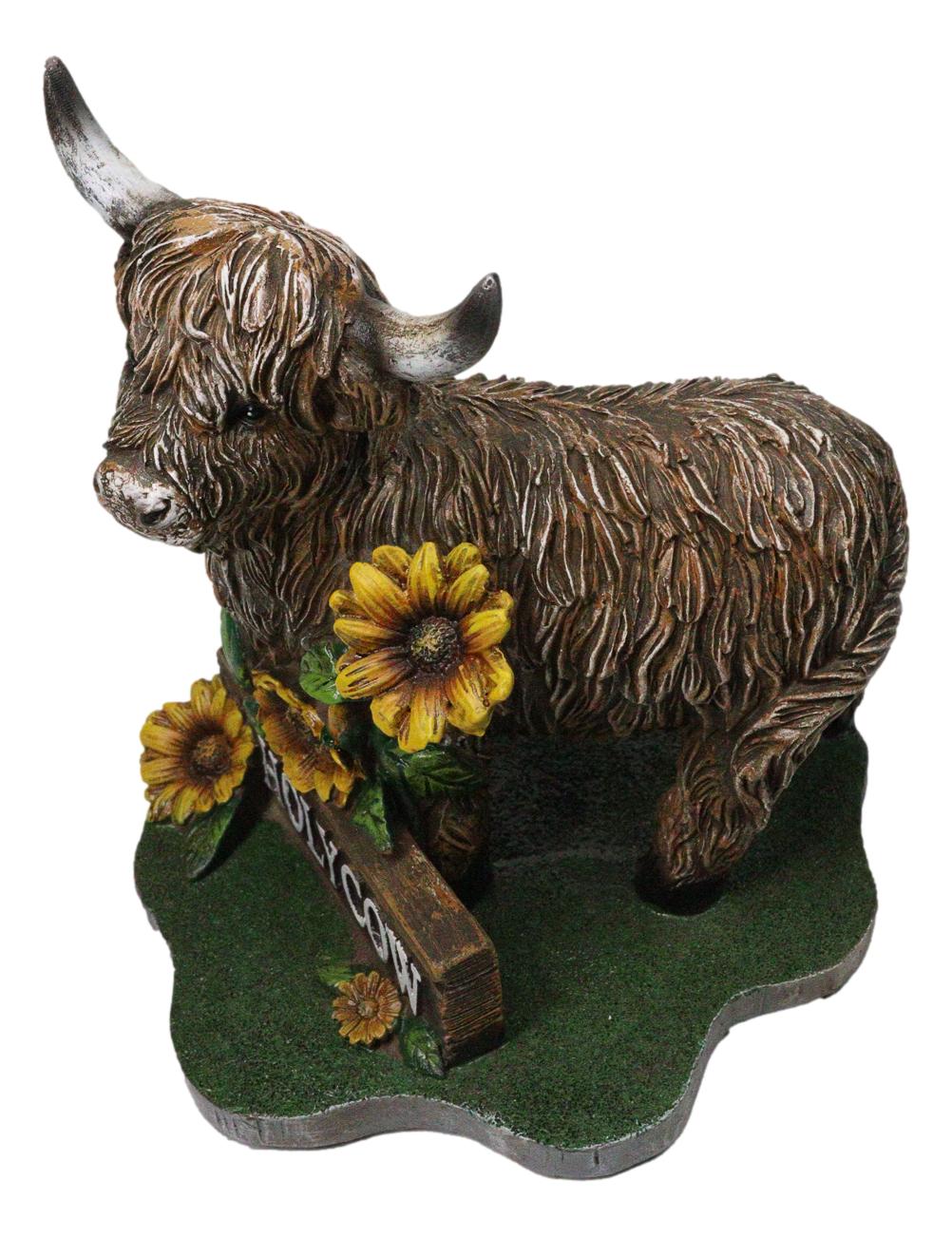 Western Scottish Highlands Cattle Cow with Sunflowers Holy Cow Plank Figurine