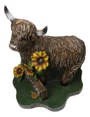 Western Scottish Highlands Cattle Cow with Sunflowers Holy Cow Plank Figurine