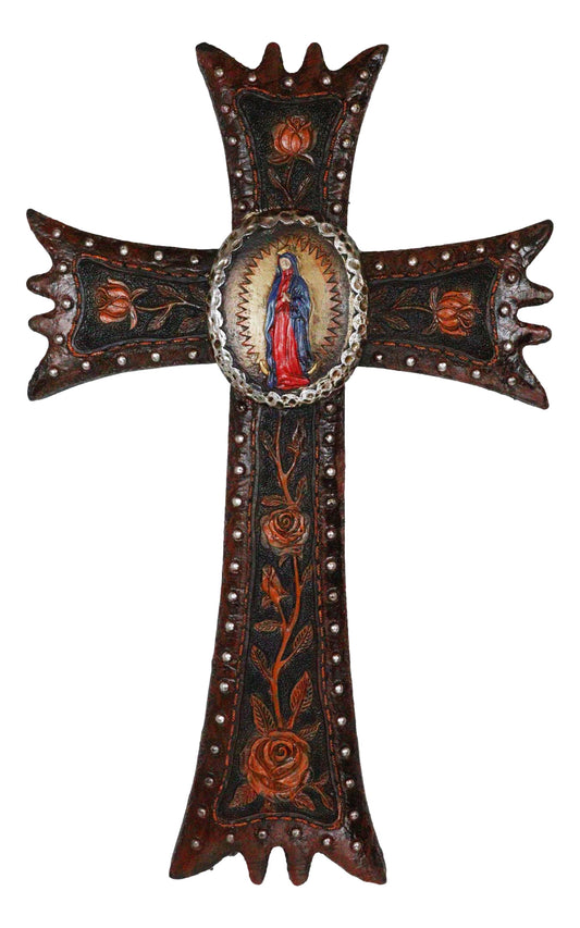 Religious Catholic Lady of Guadalupe Mary With Red Roses Wall Cross Plaque 12"H