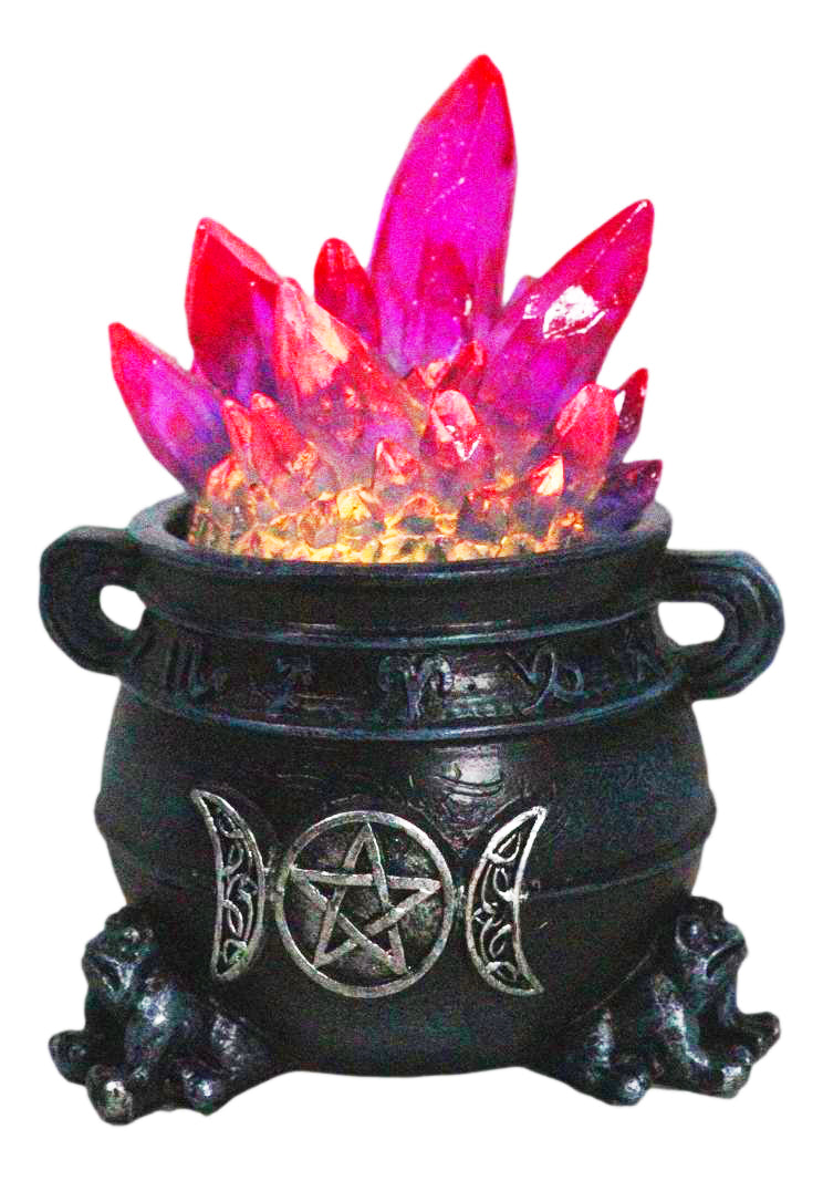 Wicca Triple Moon Pentagram And Zodiac Symbols LED Crystals Cauldron With Toads