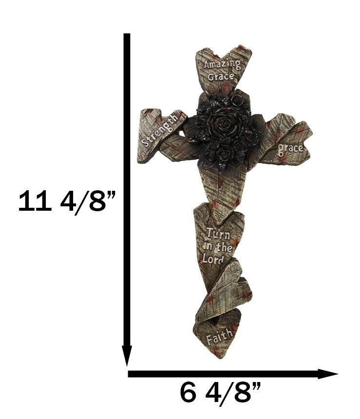 Rustic Amazing Grace Strength Faith Blooming Roses Faux Wood Hearts Wall Cross - Ebros Gift
