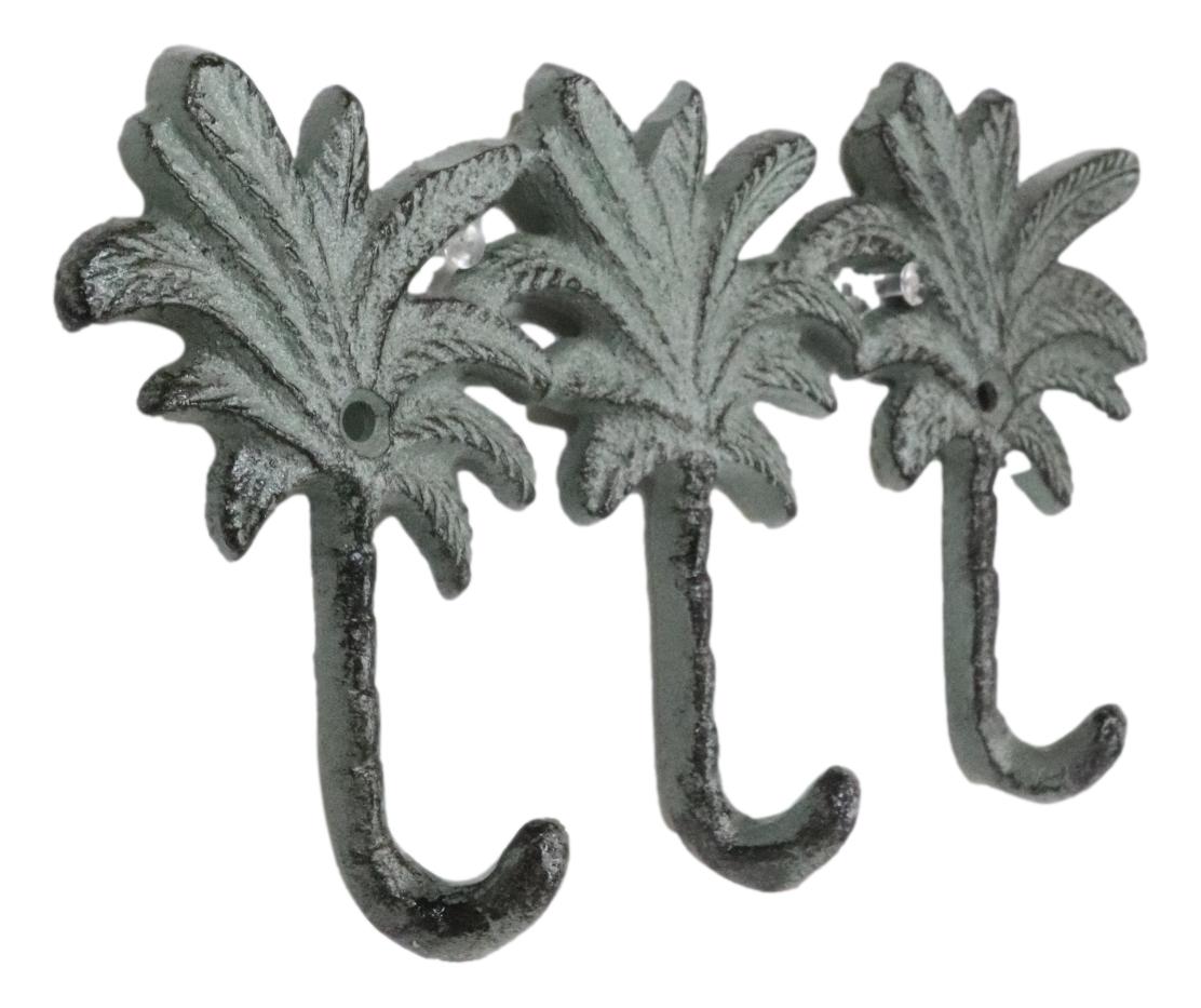 Pack Of 2 Cast Iron Verdigris Beach Coconut Palm Trees Triple Wall Key Hooks - Ebros Gift