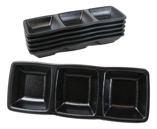 Pack Of 6 Black Silk Melamine 3 Partition Condiment Sauce Dipping Bowl or Dishes