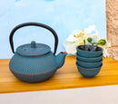 Sky Blue Hobnails Textured Petite Cast Iron Teapot 10oz With 4 Mini Tea Cups Set