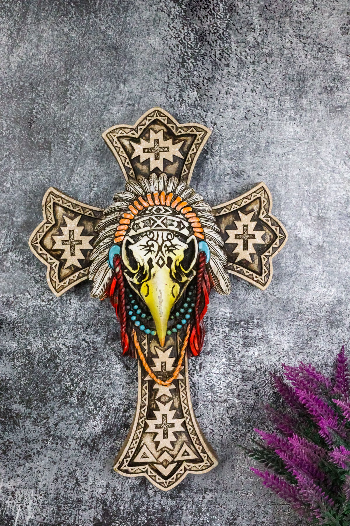 Southwestern Rustic Native Tribal Raven Crow Skull Headdress Roach Wall Cross