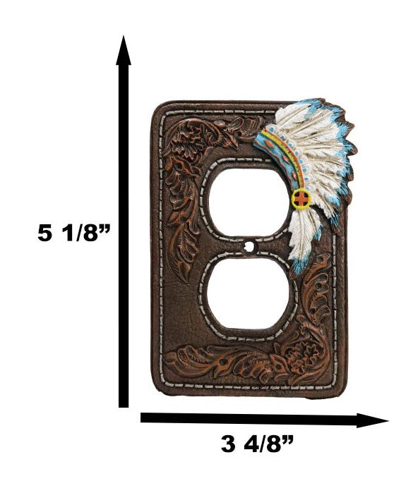Set of 2 Faux Leather Indian Chief Headdress Double Receptacle Outlet Plates
