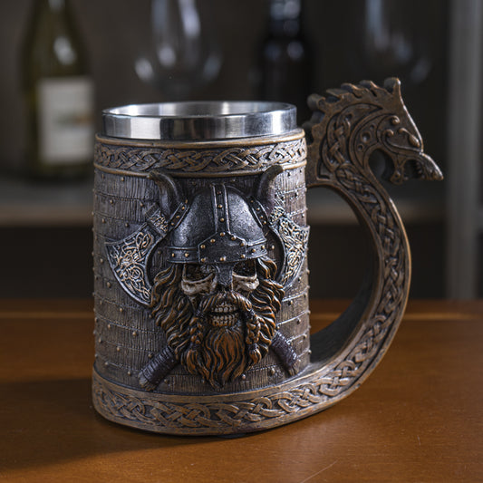 Viking Berserker Skull With Horned Helmet And Axes Dragon Longship Large Mug