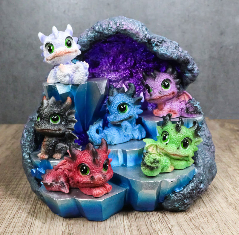 Whimsical Baby Dragons Mini Figurines With LED Faux Geode Crystal Display Set