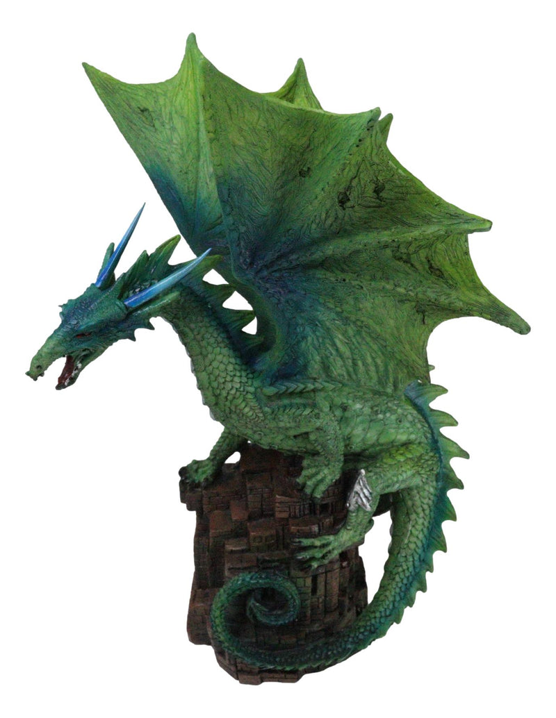 Green Terra Wyvern Monarch Dragon Perching On Medieval Castle Tower Figurine