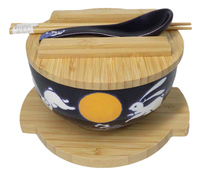 Yellow Moon White Rabbit Donburi Ramen Bowl With Lid Trivet Spoon Chopsticks Set