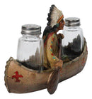 Native American Indian Chief In Canoe Boat Salt and Pepper Shaker Holder Set