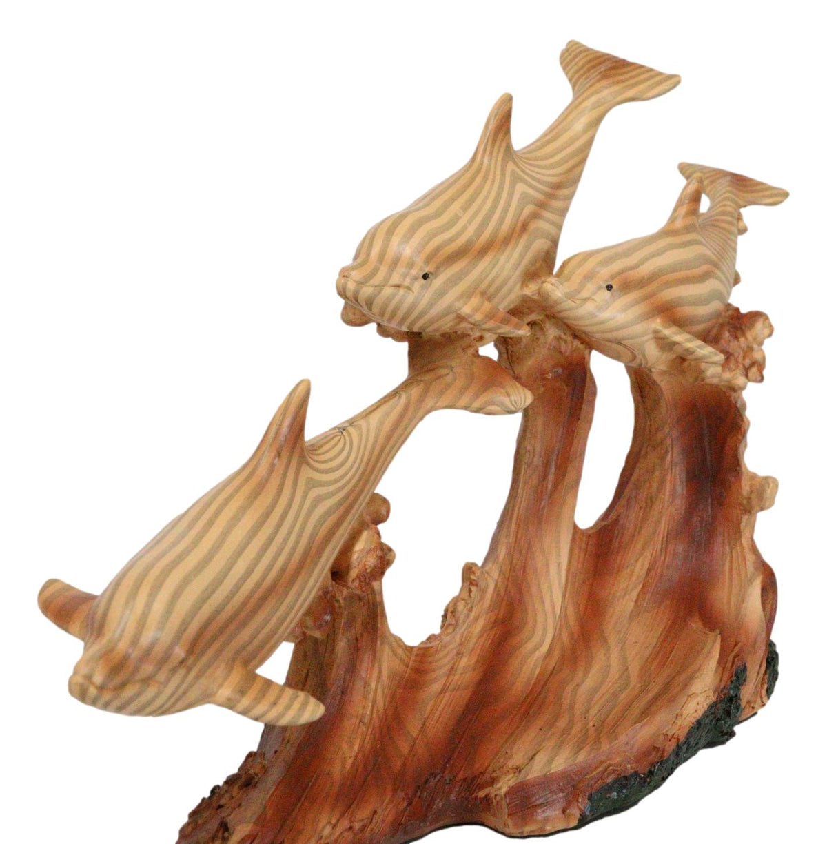 Nautical Marine Sea Ocean 3 Dolphins Swimming With Waves Faux Wood Figurine