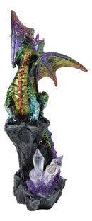 Iridescent Green Purple Dragon Perching On Cliff Rock with Crystals Figurine