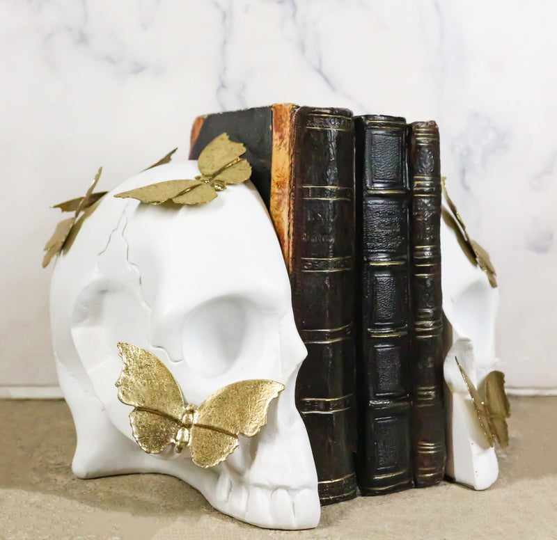 Metamorphosis Golden Butterflies On White Skull Halves Figurine Bookends Set
