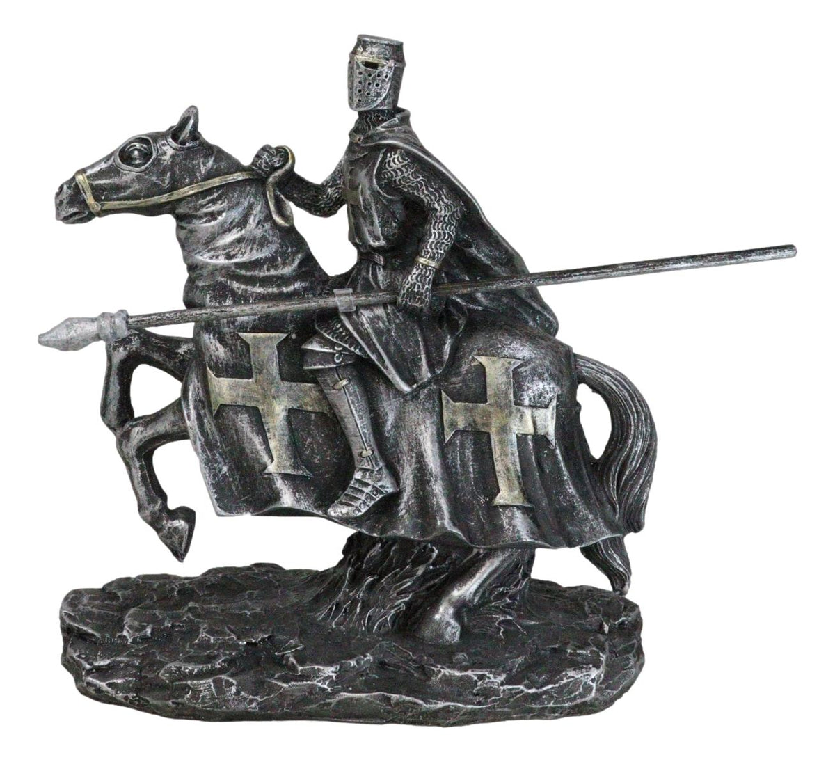 Suit of Armor Crusader Knight With Long Spear Riding On Cavalry Horse Figurine