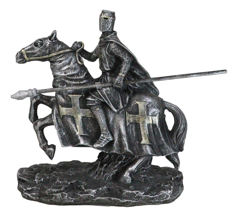 Suit of Armor Crusader Knight With Long Spear Riding On Cavalry Horse Figurine