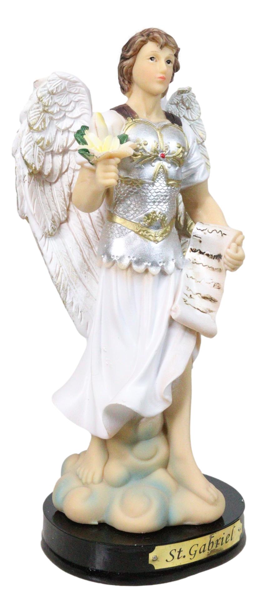 Archangel Saint Gabriel Holding Scroll and White Lotus Figurine With Base 8"H
