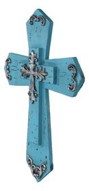 Rustic Western Turquoise Silver Scrollwork Faux Wood Layered Wall Cross Crucifix