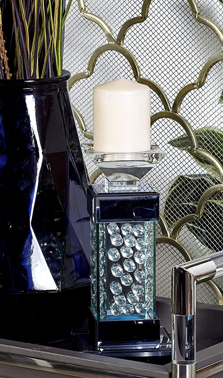 Modern Chic Beveled Floating Crystals Glass and Metal Pillar Candle Holder 11"H