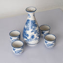 Blue White Ryu Dragon King Porcelain Sake Carafe Flask And 4 Ochoko Cups Set